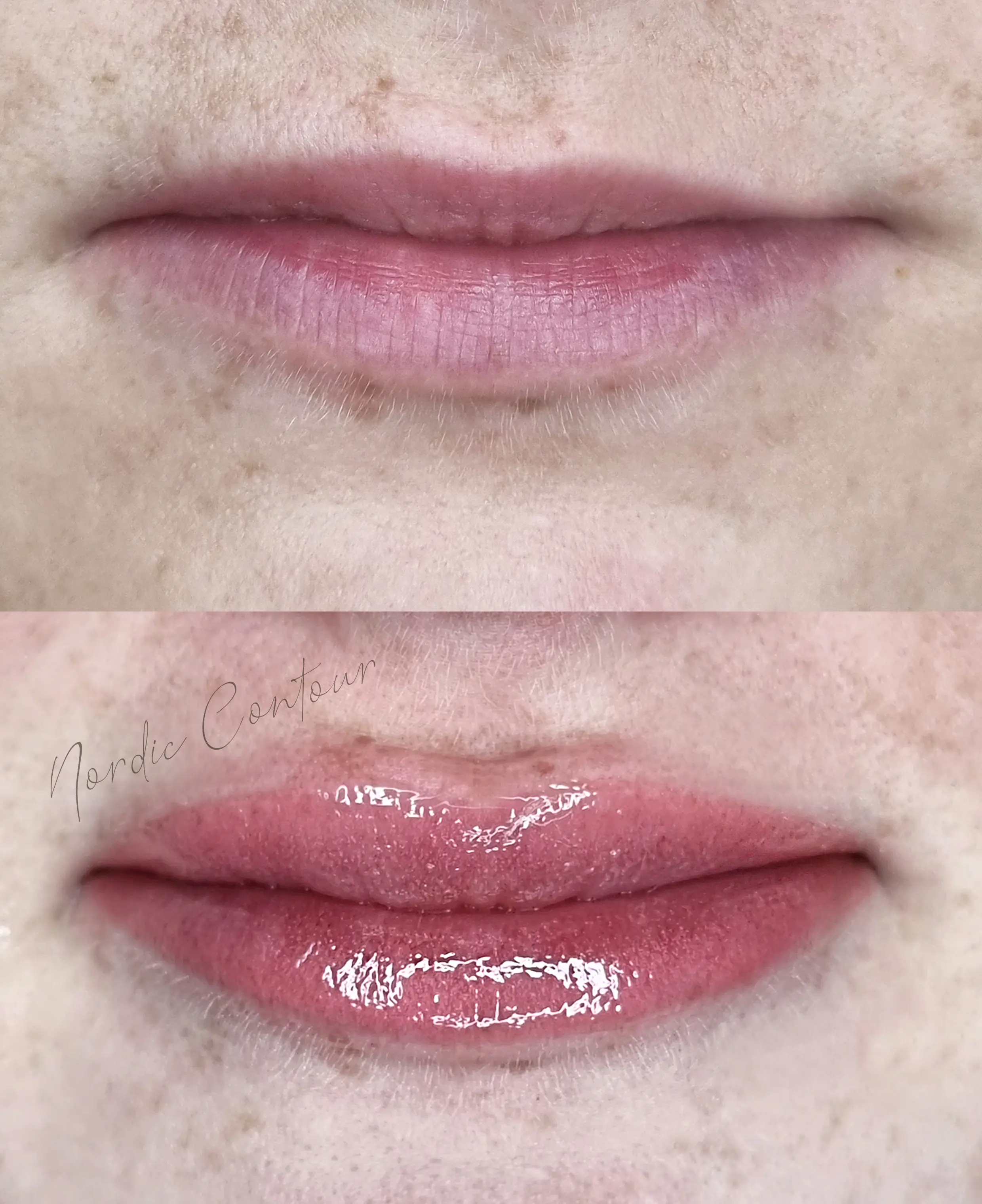 Lip blush — Mette. Blød lyserød tone lagt gennemskinneligt, så resultatet virker som læbernes egen farve.
